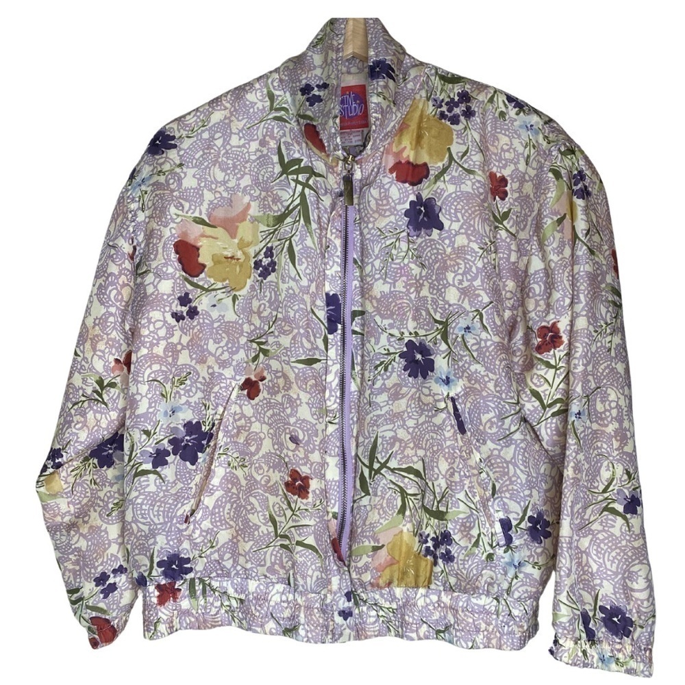 Vintage Silk Floral Print Bomber Jacket Women’s Sz Sm